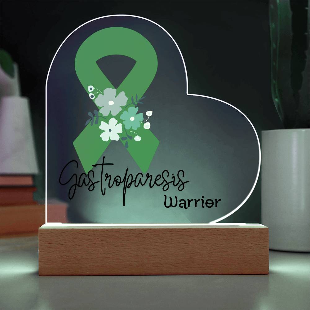 Gastroparesis Warrior Acrylic Heart Plaque Sign | LED Base | Acrylic Night Light | Light Up Sign | Green Awareness Ribbon