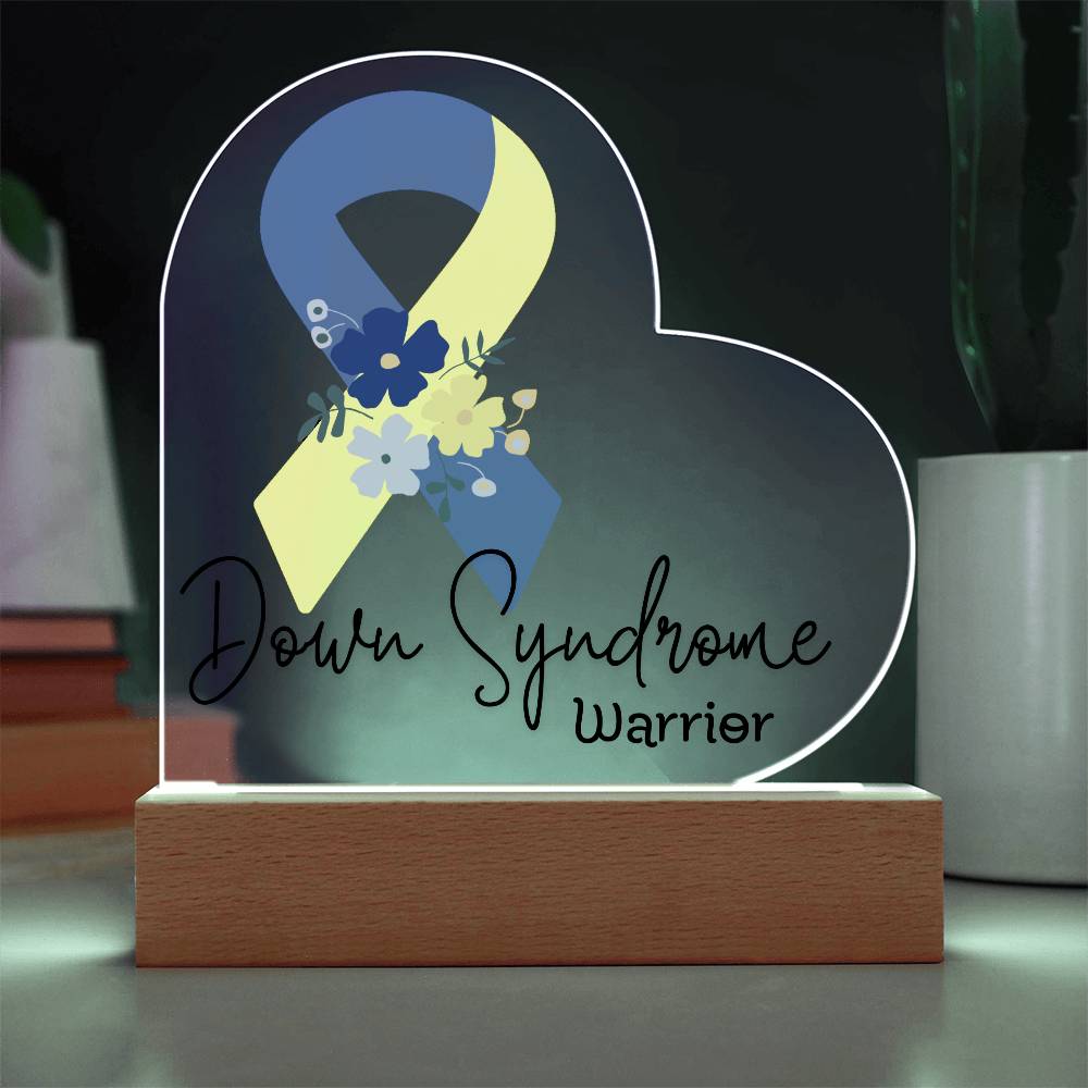 Down Syndrome Warrior Acrylic Heart Plaque Sign | LED Base | Acrylic Night Light | Light Up Sign | Blue & Yellow Awareness Ribbon