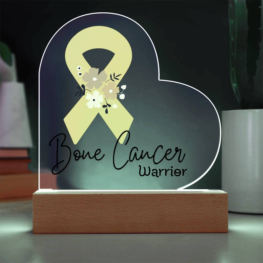 Bone Cancer Warrior Acrylic Heart Plaque Sign | LED Base | Acrylic Night Light | Light Up Sign | Yellow Awareness Ribbon