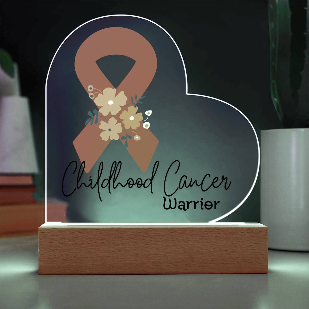 Childhood Cancer Warrior Acrylic Heart Plaque Sign | LED Base | Acrylic Night Light | Light Up Sign | Orange Awareness Ribbon