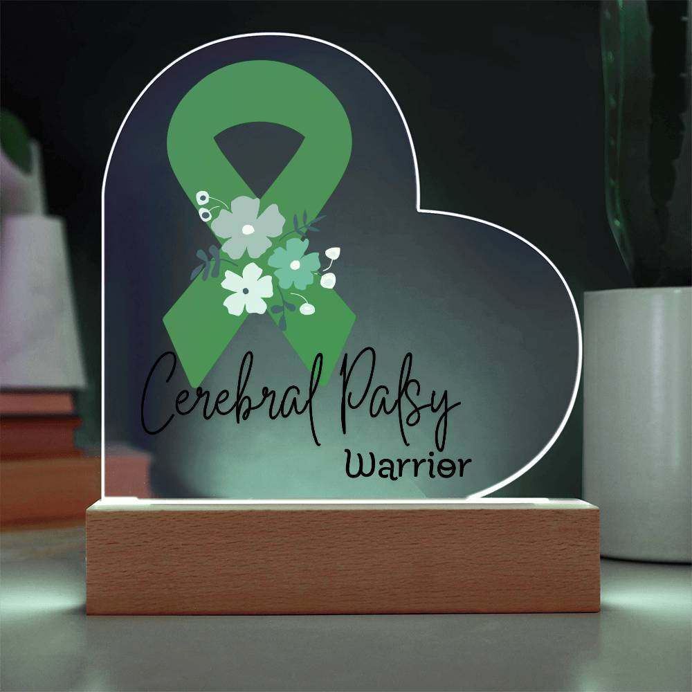 Cerebral Palsy Warrior Acrylic Heart Plaque Sign | LED Base | Acrylic Night Light | Light Up Sign | Green Awareness Ribbon
