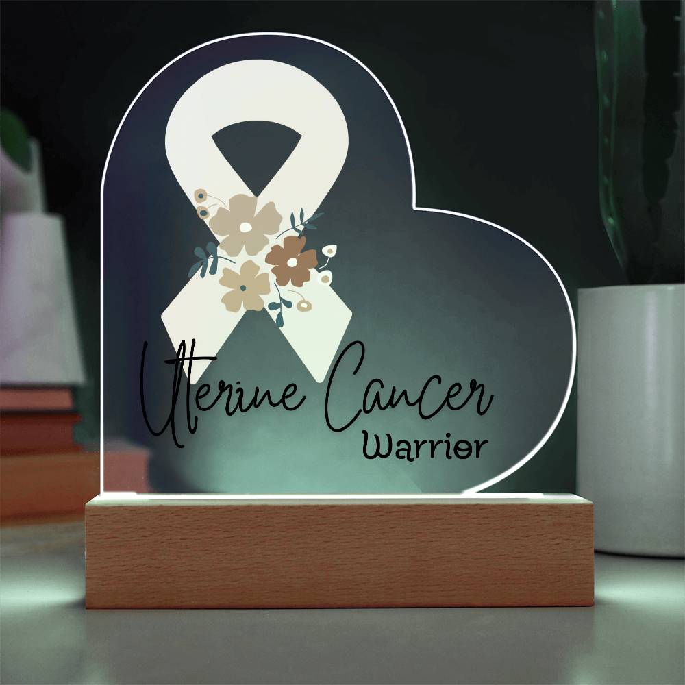 Uterine Cancer Warrior Acrylic Heart Plaque Sign | LED Base | Acrylic Night Light | Light Up Sign | Peach Awareness Ribbon