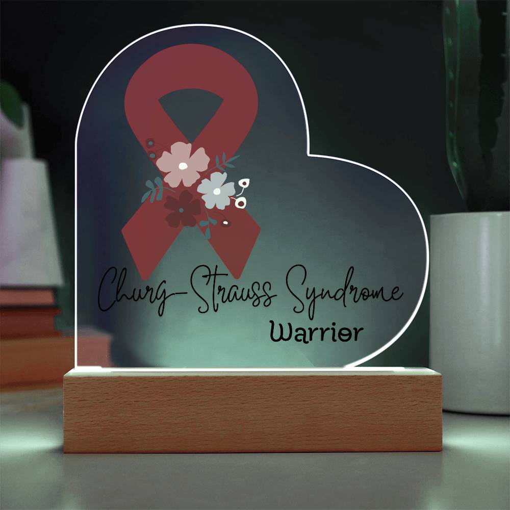 Churg Strauss Syndrome Warrior Acrylic Heart Plaque Sign | LED Base | Acrylic Night Light | Light Up Sign | Red Awareness Ribbon
