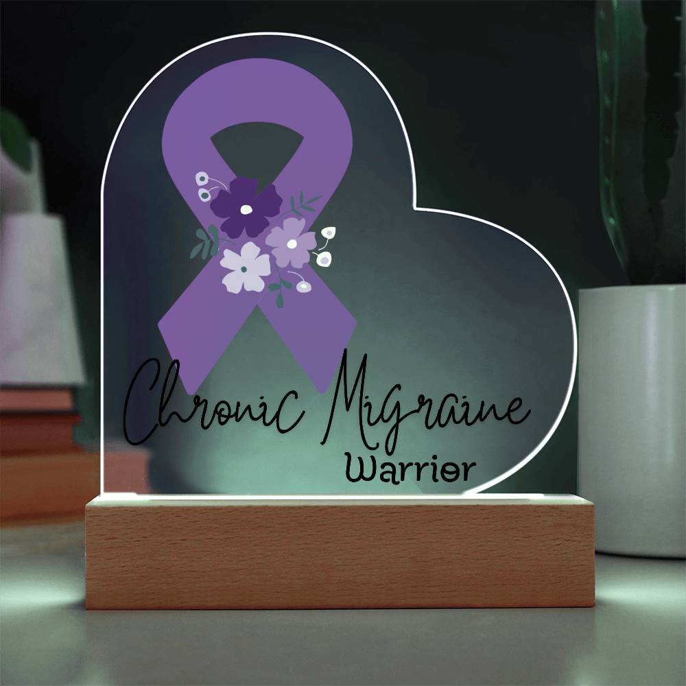Chronic Migraine Warrior Acrylic Heart Plaque Sign | LED Base | Acrylic Night Light | Light Up Sign | Purple Awareness Ribbon