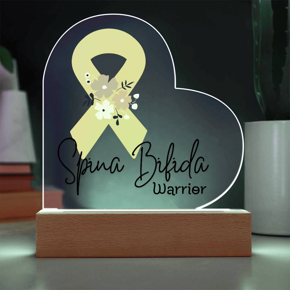 Spina Bifida Warrior Acrylic Heart Plaque Sign | LED Base | Acrylic Night Light | Light Up Sign | Yellow Awareness Ribbon