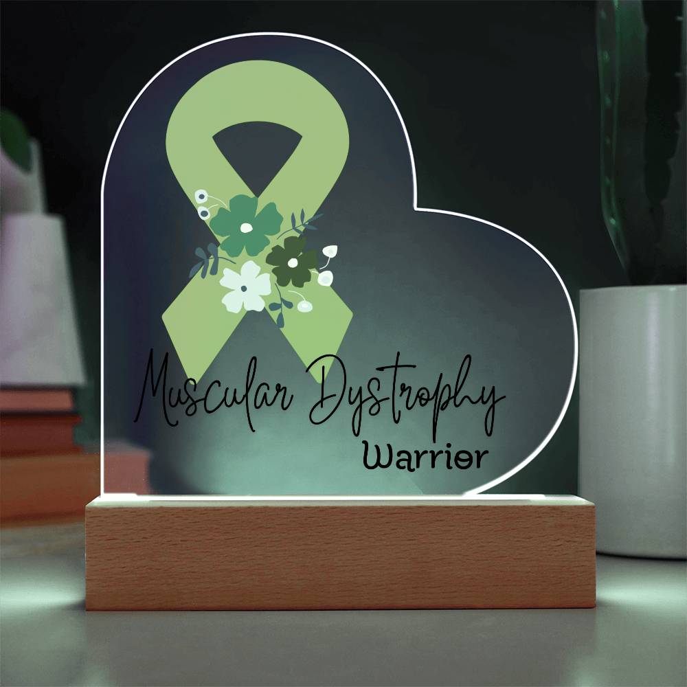 Muscular Dystrophy Warrior Acrylic Heart Plaque Sign | LED Base | Acrylic Night Light | Light Up Sign | Lime Green Awareness Ribbon