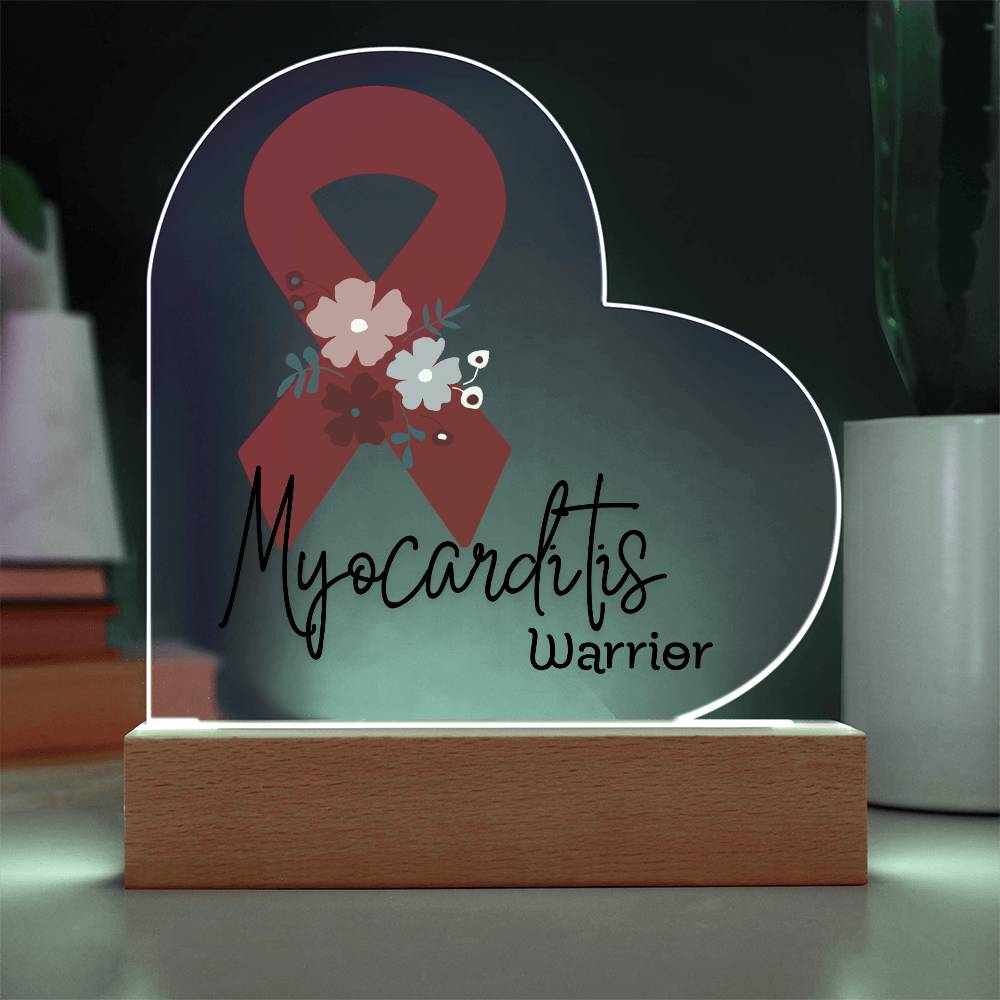 Myocarditis Warrior Acrylic Heart Plaque Sign | LED Base | Acrylic Night Light | Light Up Sign | Red Awareness Ribbon