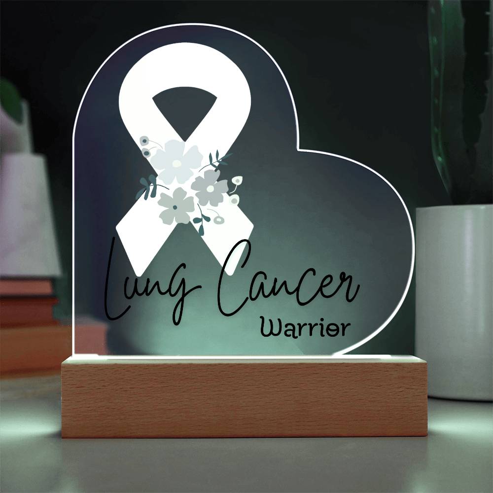 Lung Cancer Warrior Acrylic Heart Plaque Sign | LED Base | Acrylic Night Light | Light Up Sign | White Awareness Ribbon