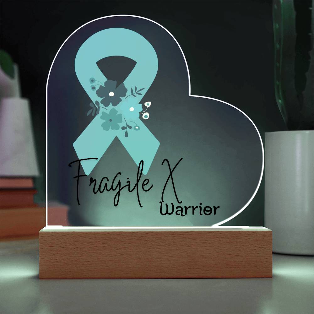 Fragile X Warrior Acrylic Heart Plaque Sign | LED Base | Acrylic Night Light | Light Up Sign | Teal Awareness Ribbon