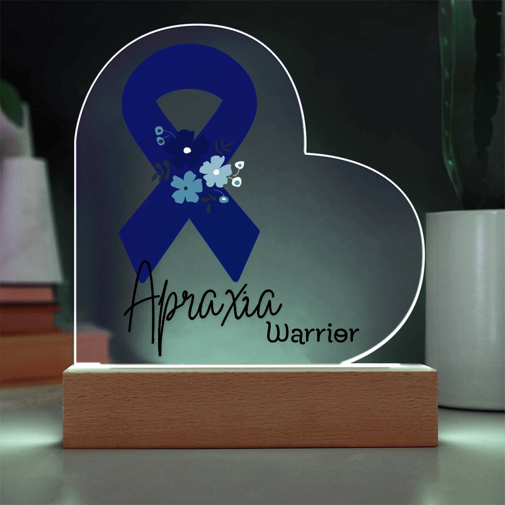 Apraxia Warrior Acrylic Heart Plaque Sign | LED Base | Acrylic Night Light | Light Up Sign | Blue Awareness Ribbon