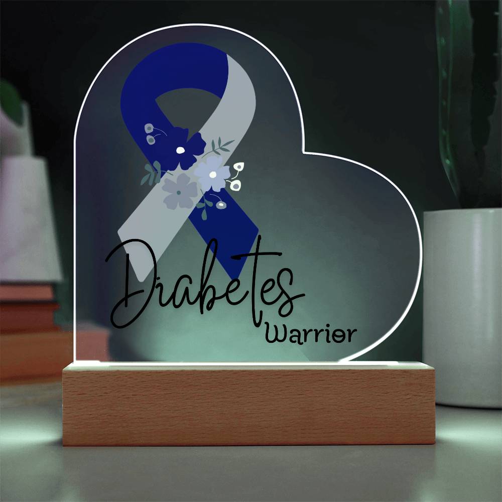 Diabetes Warrior Acrylic Heart Plaque Sign | LED Base | Acrylic Night Light | Light Up Sign | Blue and Gray Awareness Ribbon