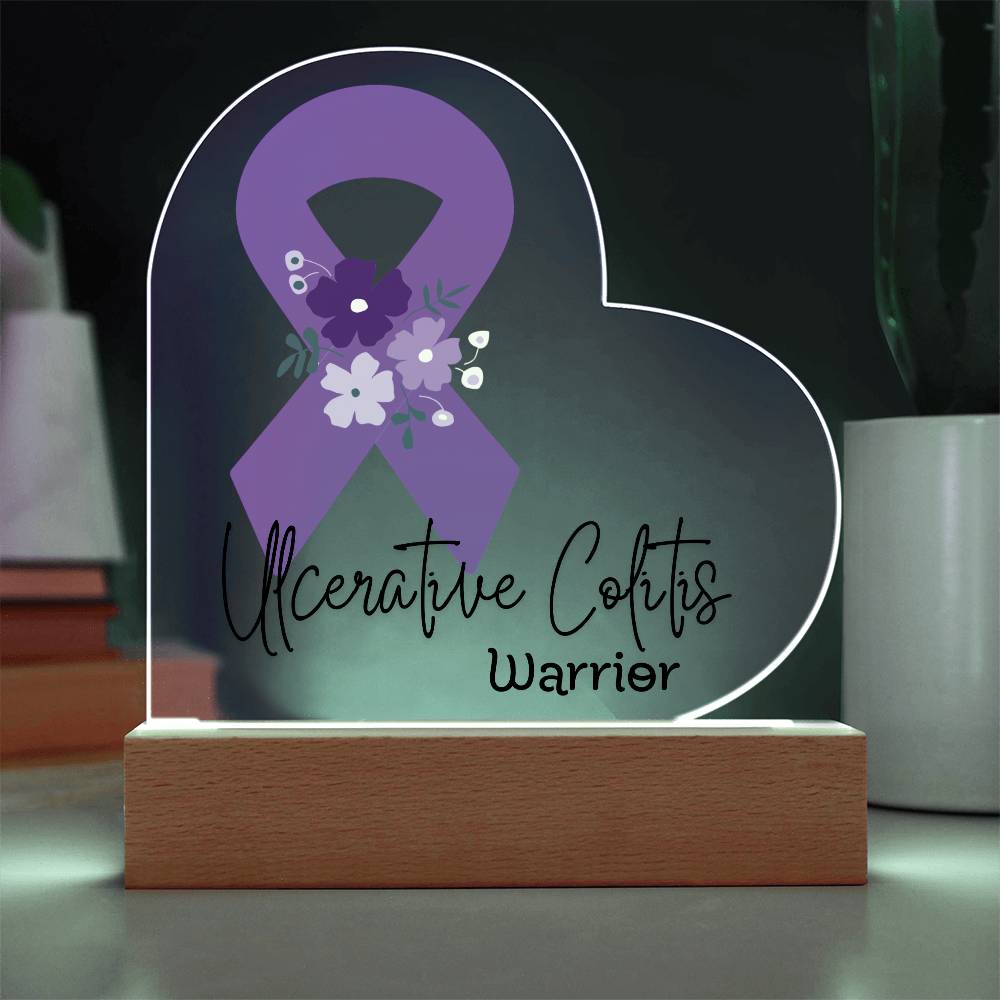 Ulcerative Colitis Warrior Acrylic Heart Plaque Sign | LED Base | Acrylic Night Light | Light Up Sign | Purple Awareness Ribbon