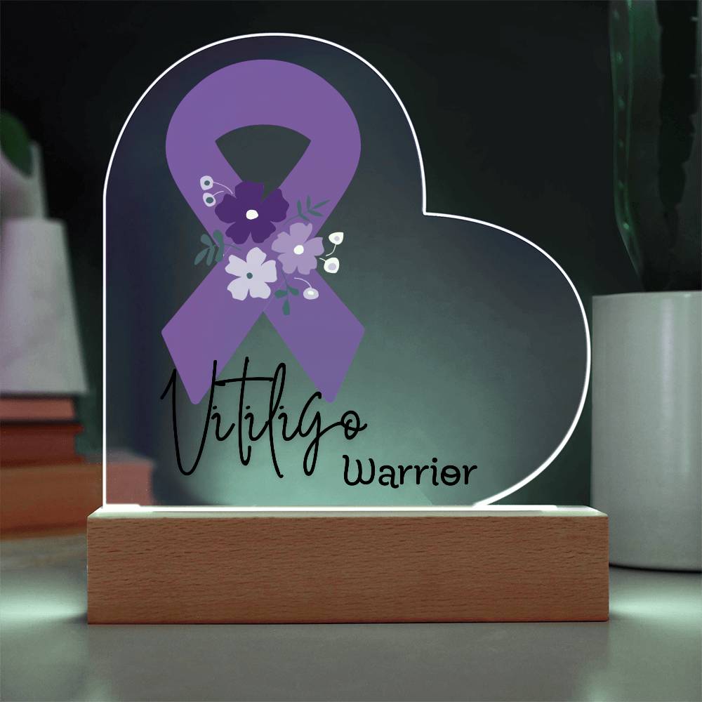 Vitiligo Warrior Acrylic Heart Plaque Sign | LED Base | Acrylic Night Light | Light Up Sign | Purple Awareness Ribbon