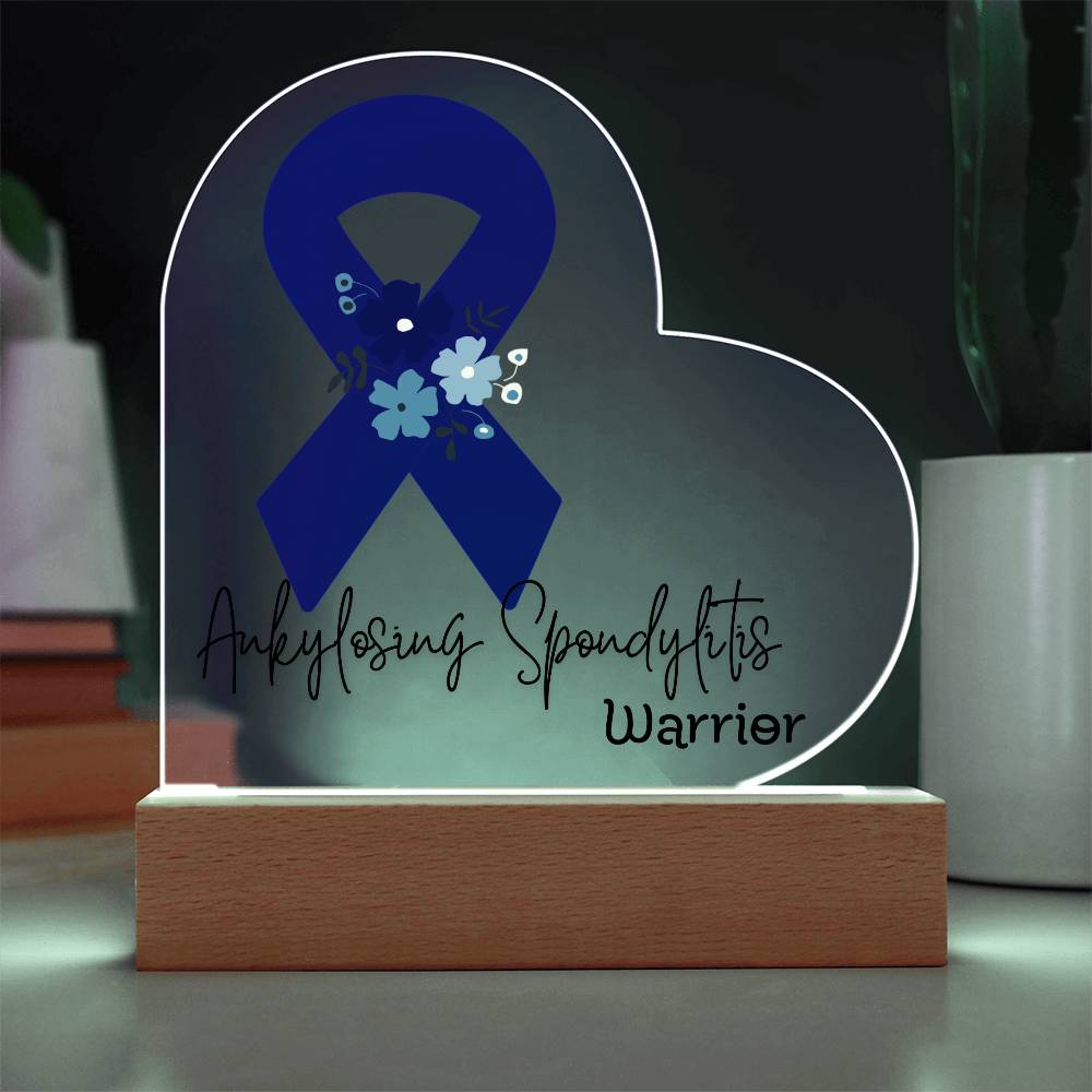 Ankylosing Spondylitis Warrior Acrylic Heart Plaque Sign | LED Base | Acrylic Night Light | Light Up Sign | Blue Awareness Ribbon
