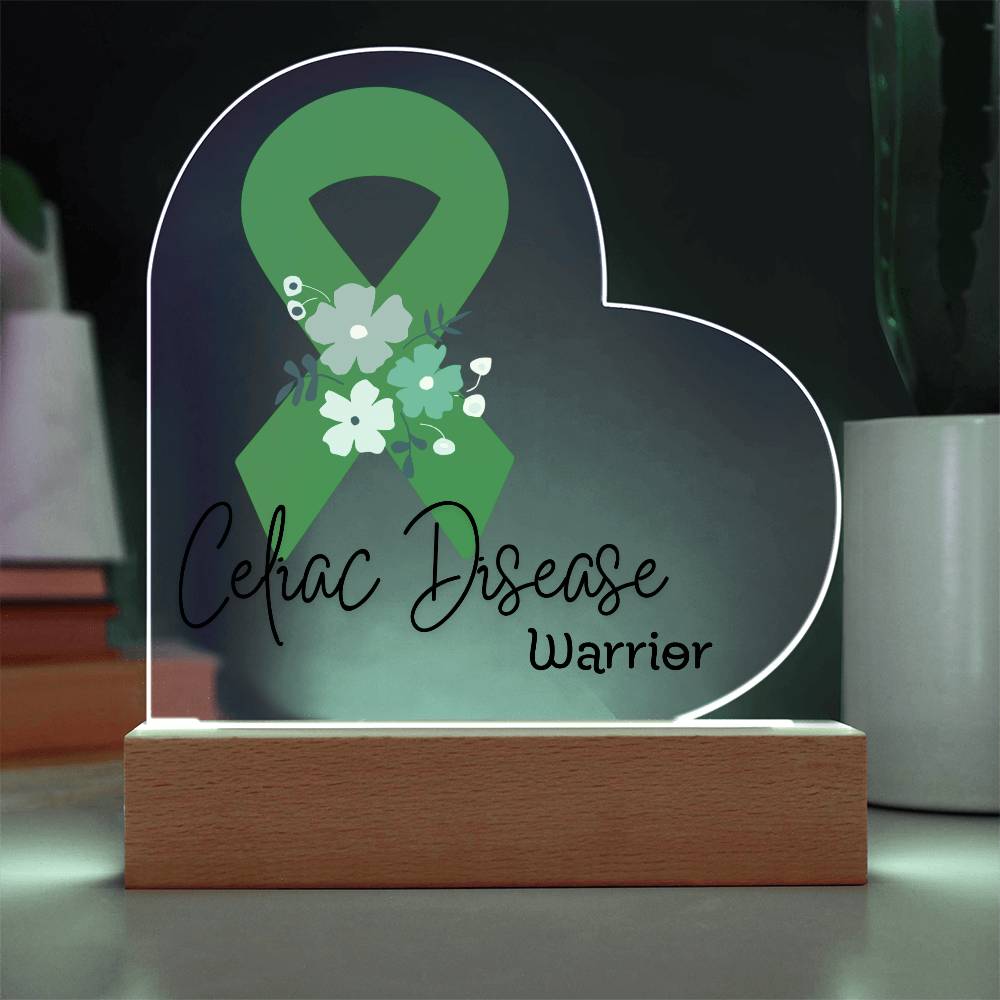 Celiac Disease Warrior Acrylic Heart Plaque Sign | LED Base | Acrylic Night Light | Light Up Sign | Green Awareness Ribbon