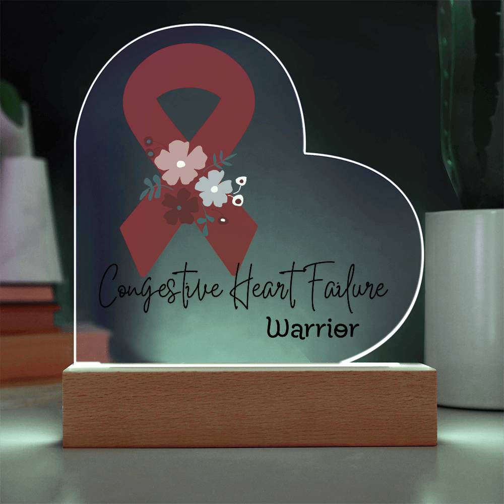 Congestive Heart Failure Warrior Acrylic Heart Plaque Sign | LED Base | Acrylic Night Light | Light Up Sign | Red Awareness Ribbon