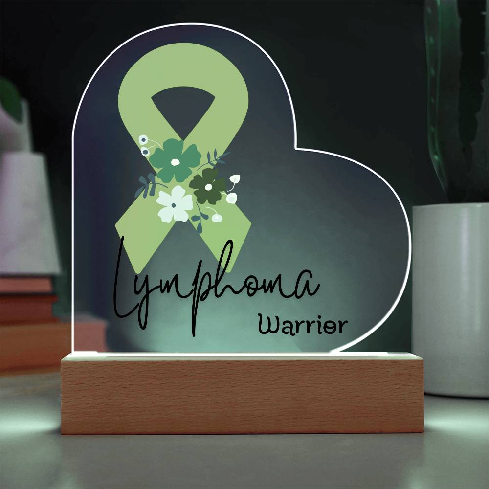 Lymphoma Warrior Acrylic Heart Plaque Sign | LED Base | Acrylic Night Light | Light Up Sign | Lime Green Awareness Ribbon