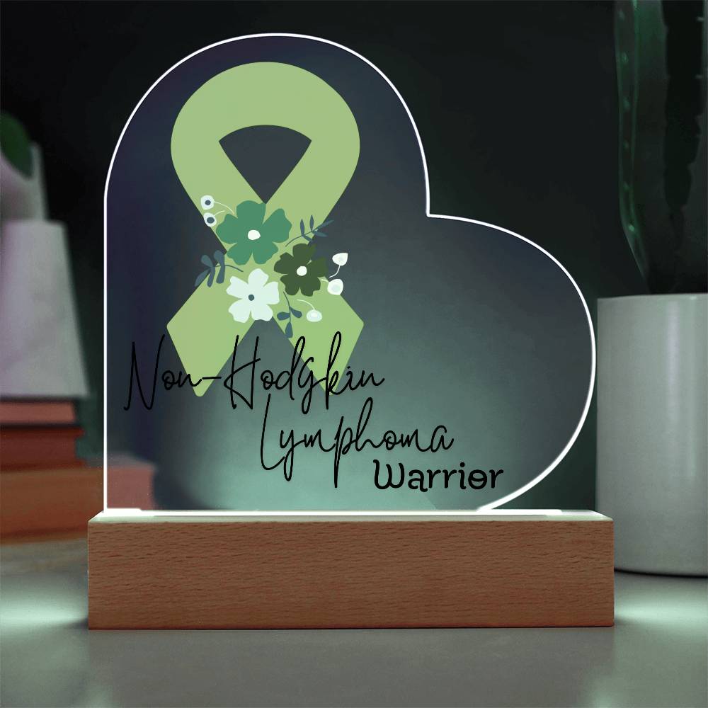 Non Hodgkin Lymphoma Warrior Acrylic Heart Plaque Sign | LED Base | Acrylic Night Light | Light Up Sign | Green Awareness Ribbon