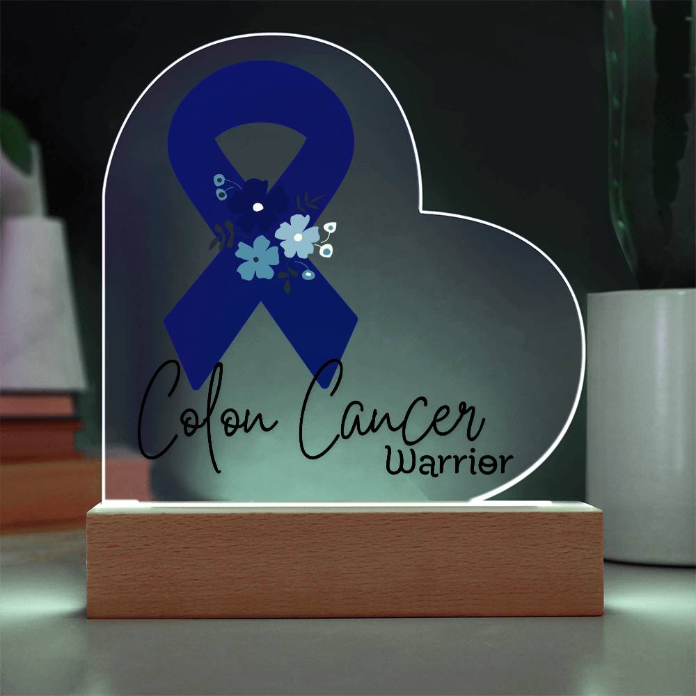 Colon Cancer Warrior Acrylic Heart Plaque Sign | LED Base | Acrylic Night Light | Light Up Sign | Blue Awareness Ribbon