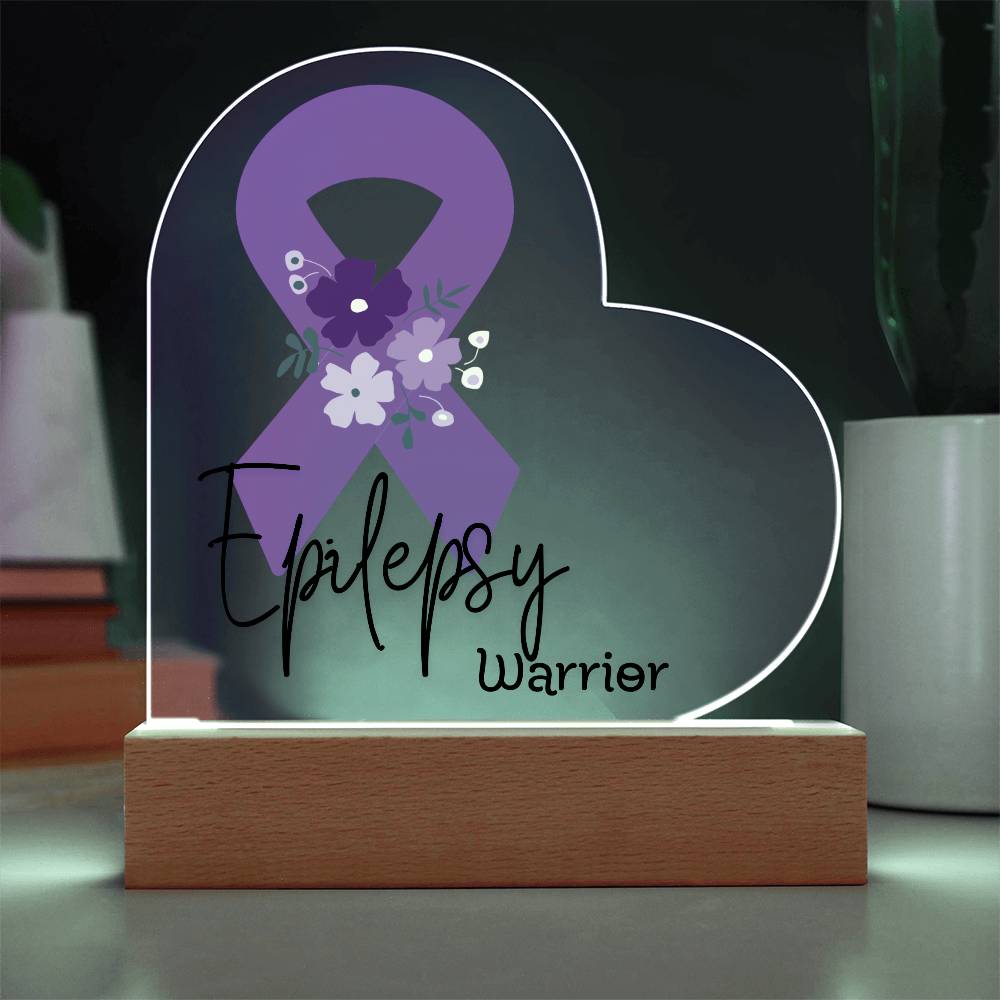Epilepsy Warrior Acrylic Heart Plaque Sign | LED Base | Acrylic Night Light | Light Up Sign | Purple Awareness Ribbon