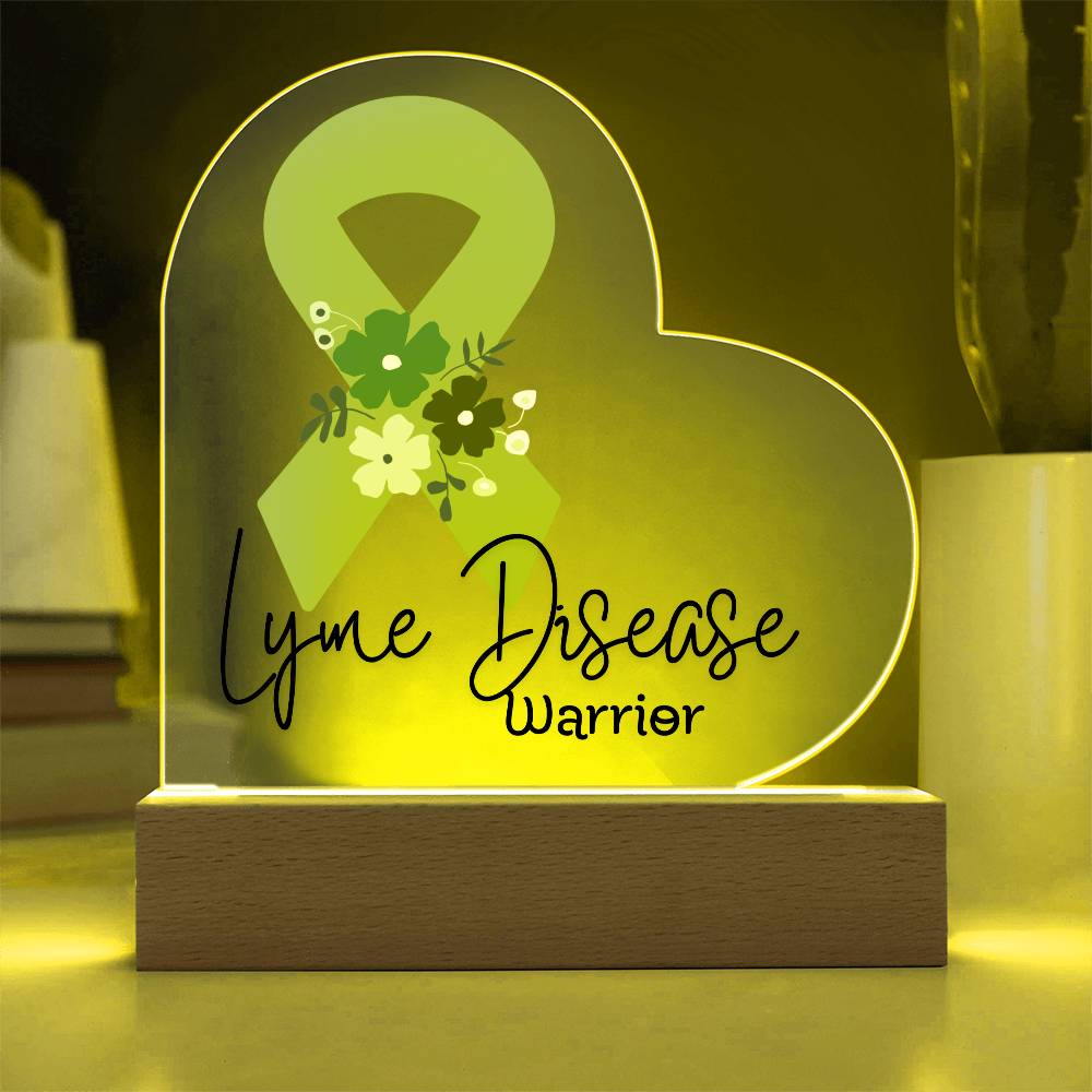 Lyme Disease Warrior Acrylic Heart Plaque Sign | LED Base | Acrylic Night Light | Light Up Sign | Lime Green Awareness