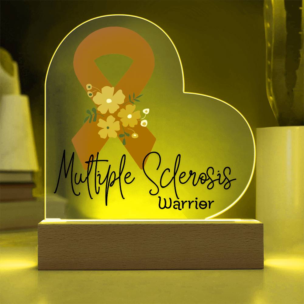 Multiple Sclerosis Warrior Acrylic Heart Plaque Sign | LED Base | Acrylic Night Light | Light Up Sign | Orange Awareness Ribbon