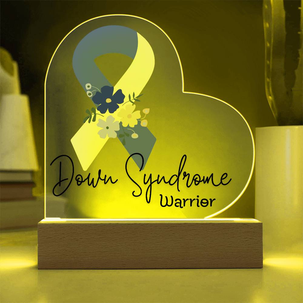 Down Syndrome Warrior Acrylic Heart Plaque Sign | LED Base | Acrylic Night Light | Light Up Sign | Blue & Yellow Awareness Ribbon