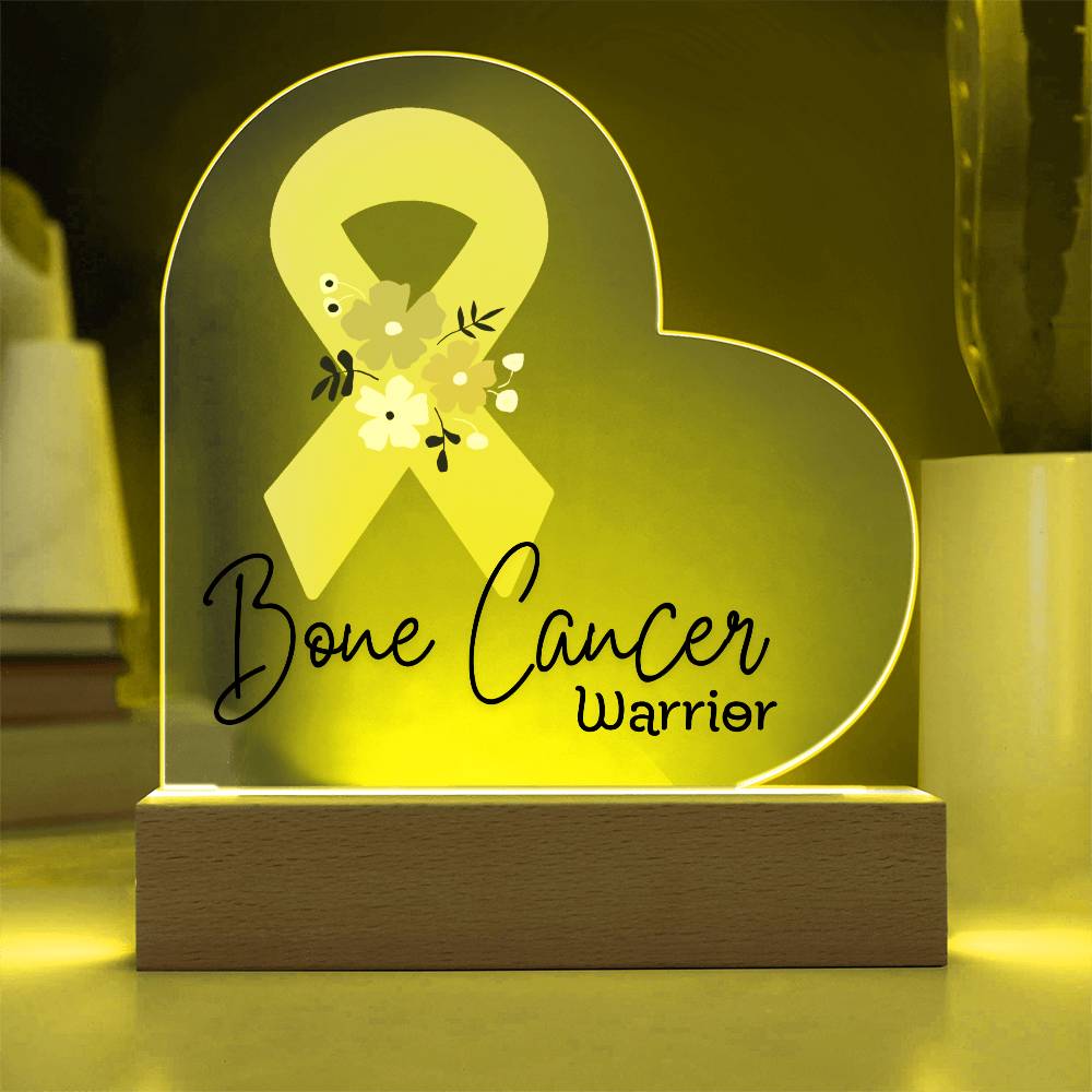 Bone Cancer Warrior Acrylic Heart Plaque Sign | LED Base | Acrylic Night Light | Light Up Sign | Yellow Awareness Ribbon