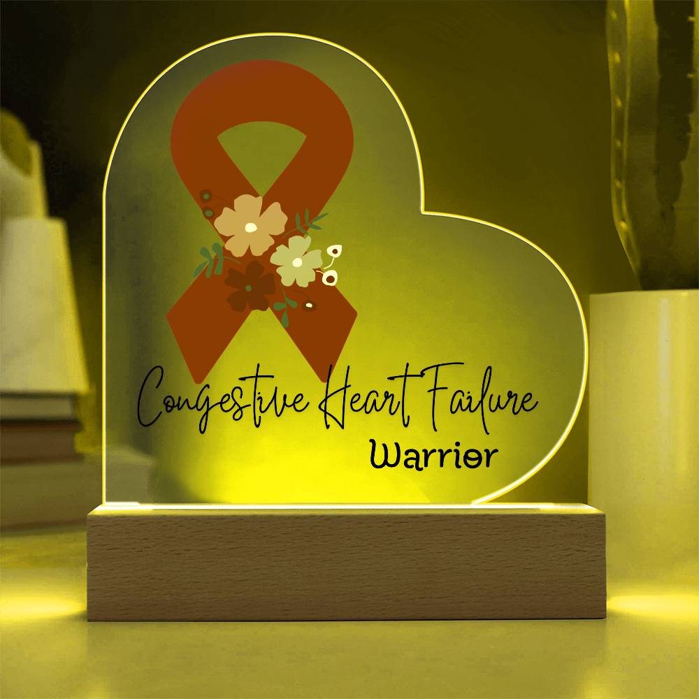 Congestive Heart Failure Warrior Acrylic Heart Plaque Sign | LED Base | Acrylic Night Light | Light Up Sign | Red Awareness Ribbon
