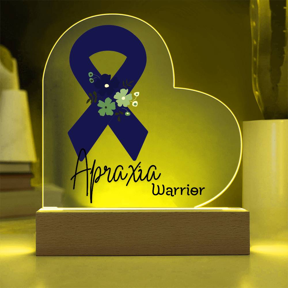 Apraxia Warrior Acrylic Heart Plaque Sign | LED Base | Acrylic Night Light | Light Up Sign | Blue Awareness Ribbon