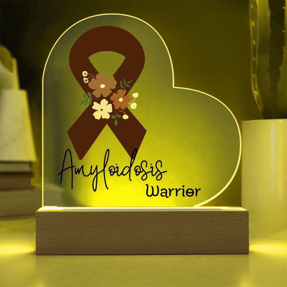 Amyloidosis Warrior Acrylic Heart Plaque Sign | LED Base | Acrylic Night Light | Light Up Sign | Burgundy Awareness Ribbon
