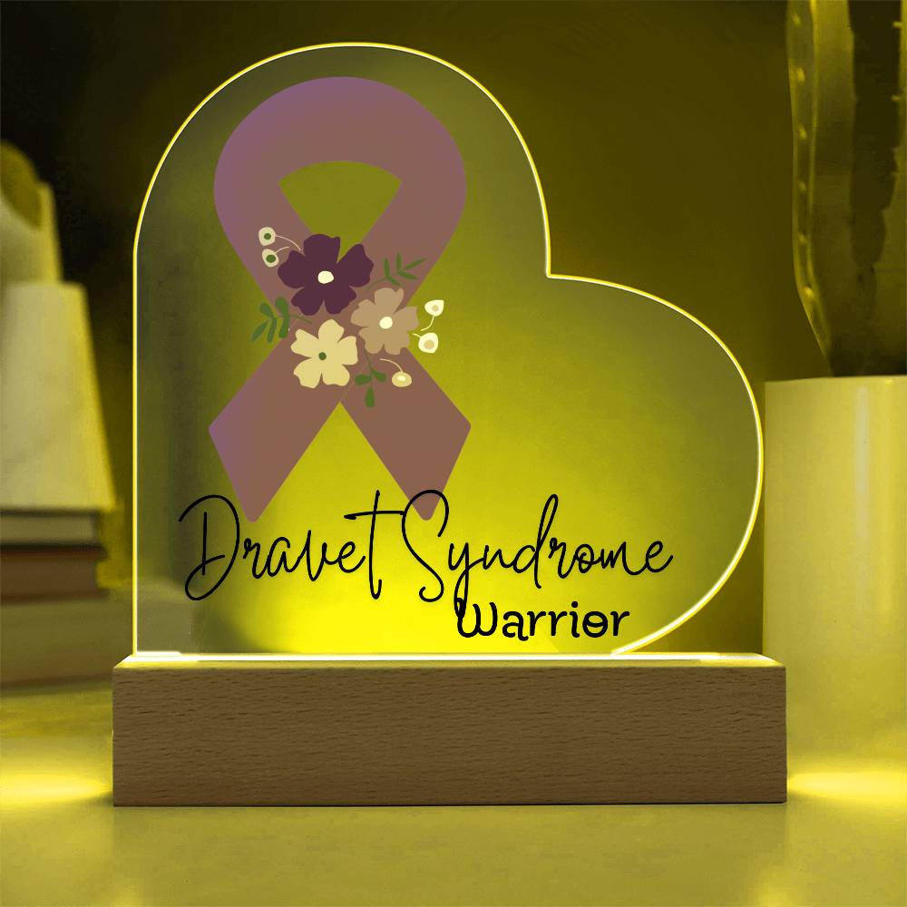 Dravet Syndrome Warrior Acrylic Heart Plaque Sign | LED Base | Acrylic Night Light | Light Up Sign | Purple Awareness Ribbon