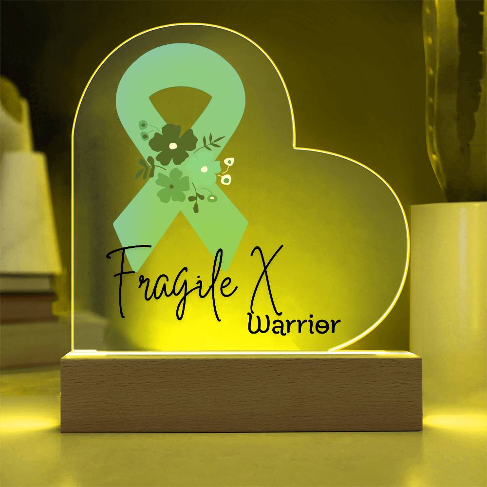Fragile X Warrior Acrylic Heart Plaque Sign | LED Base | Acrylic Night Light | Light Up Sign | Teal Awareness Ribbon