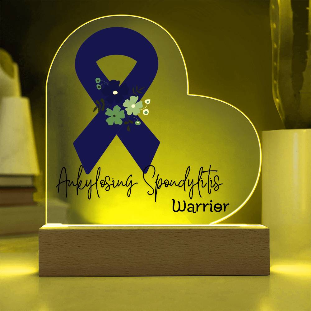 Ankylosing Spondylitis Warrior Acrylic Heart Plaque Sign | LED Base | Acrylic Night Light | Light Up Sign | Blue Awareness Ribbon
