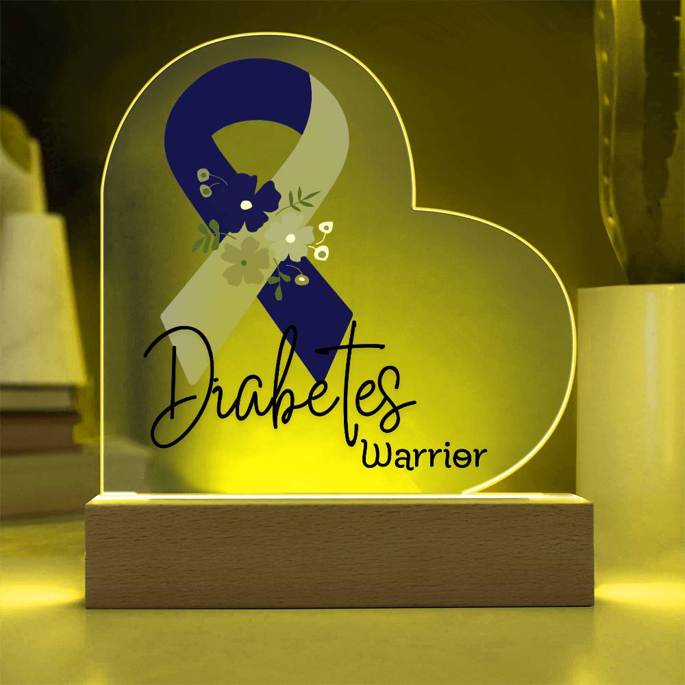 Diabetes Warrior Acrylic Heart Plaque Sign | LED Base | Acrylic Night Light | Light Up Sign | Blue and Gray Awareness Ribbon