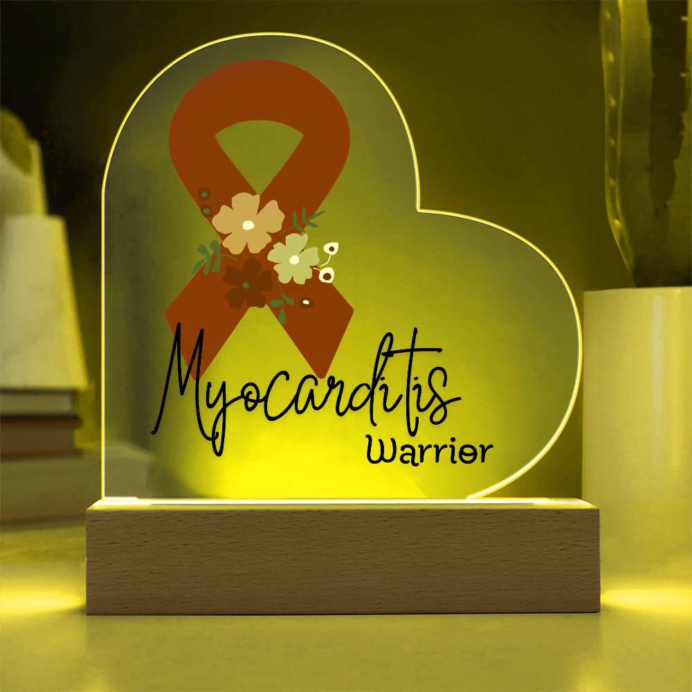 Myocarditis Warrior Acrylic Heart Plaque Sign | LED Base | Acrylic Night Light | Light Up Sign | Red Awareness Ribbon