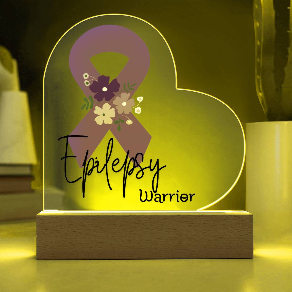Epilepsy Warrior Acrylic Heart Plaque Sign | LED Base | Acrylic Night Light | Light Up Sign | Purple Awareness Ribbon