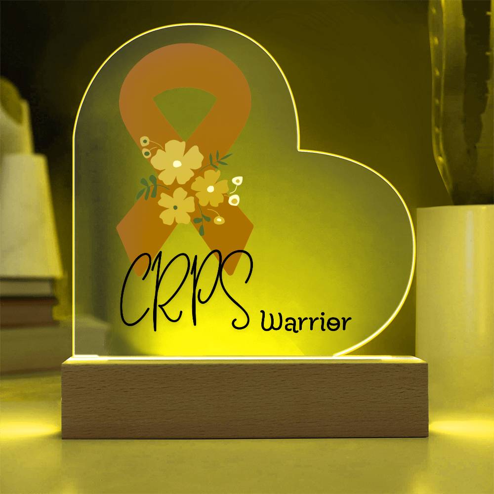 CRPS Warrior Acrylic Heart Plaque Sign | LED Base | Acrylic Night Light | Light Up Sign | Orange Awareness Ribbon