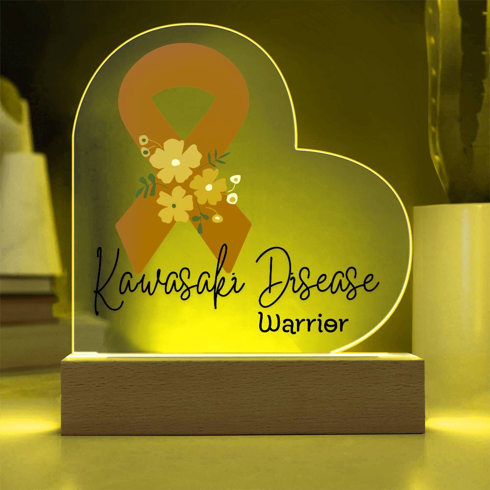 Kawasaki Disease Warrior Acrylic Heart Plaque Sign | LED Base | Acrylic Night Light | Light Up Sign | Orange Awareness Ribbon
