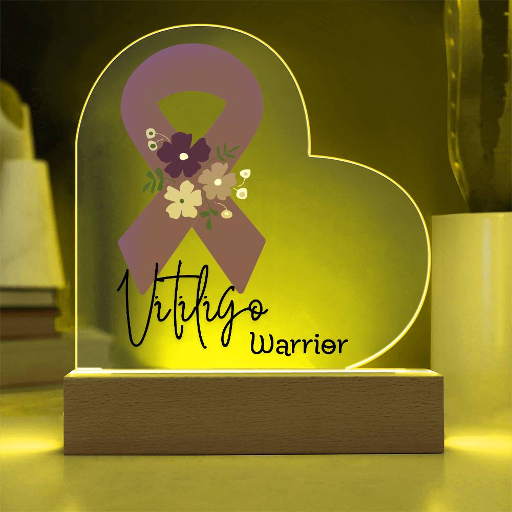 Vitiligo Warrior Acrylic Heart Plaque Sign | LED Base | Acrylic Night Light | Light Up Sign | Purple Awareness Ribbon