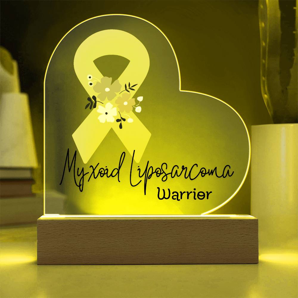 Myxoid Liposarcoma Warrior Acrylic Heart Plaque Sign | LED Base | Acrylic Night Light | Light Up Sign | Yellow Awareness Ribbon