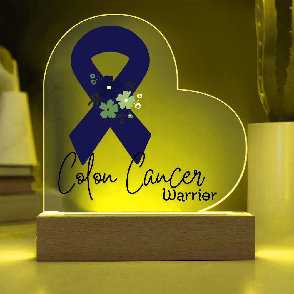 Colon Cancer Warrior Acrylic Heart Plaque Sign | LED Base | Acrylic Night Light | Light Up Sign | Blue Awareness Ribbon