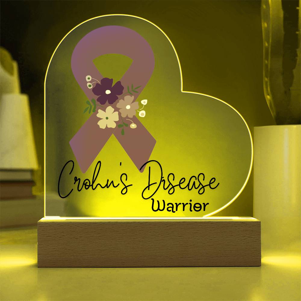 Crohn's Disease Warrior Acrylic Heart Plaque Sign | LED Base | Acrylic Night Light | Light Up Sign | Purple Awareness Ribbon