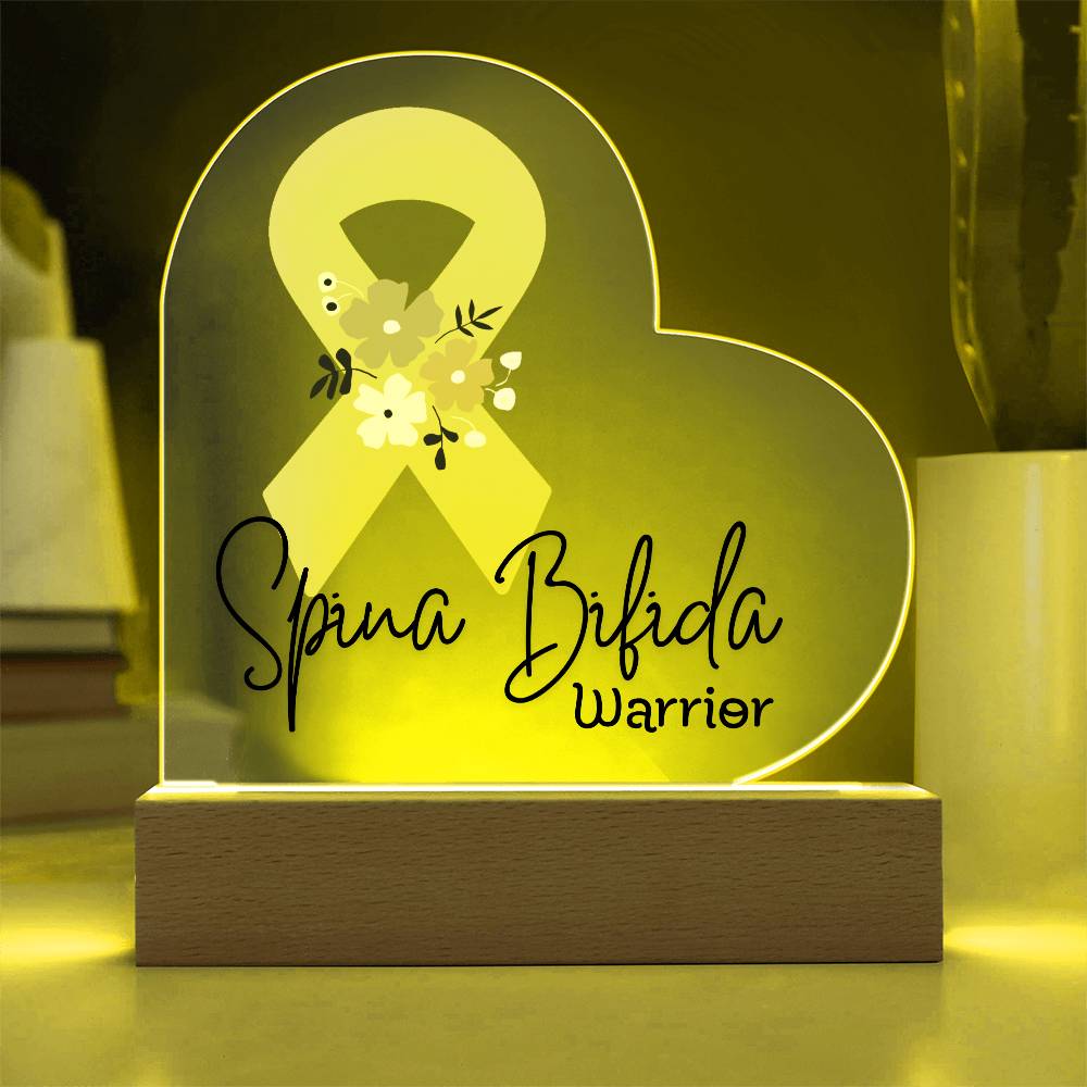 Spina Bifida Warrior Acrylic Heart Plaque Sign | LED Base | Acrylic Night Light | Light Up Sign | Yellow Awareness Ribbon