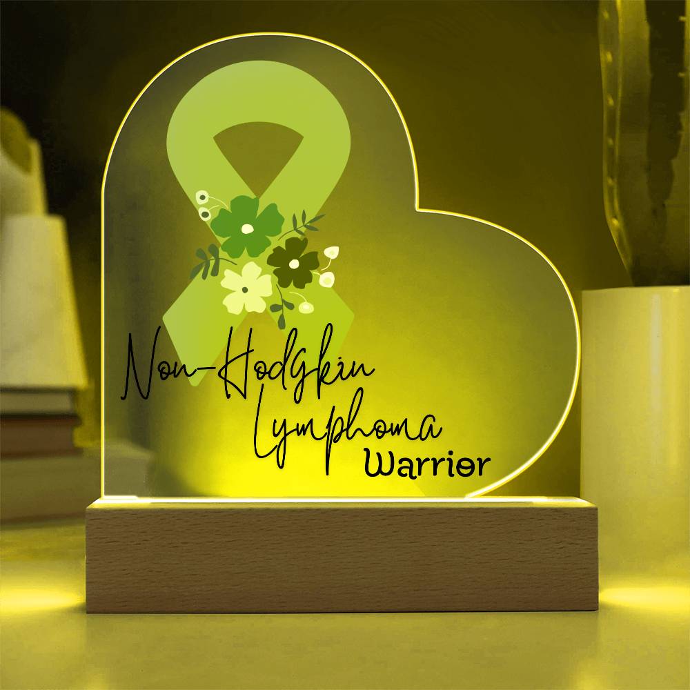Non Hodgkin Lymphoma Warrior Acrylic Heart Plaque Sign | LED Base | Acrylic Night Light | Light Up Sign | Green Awareness Ribbon