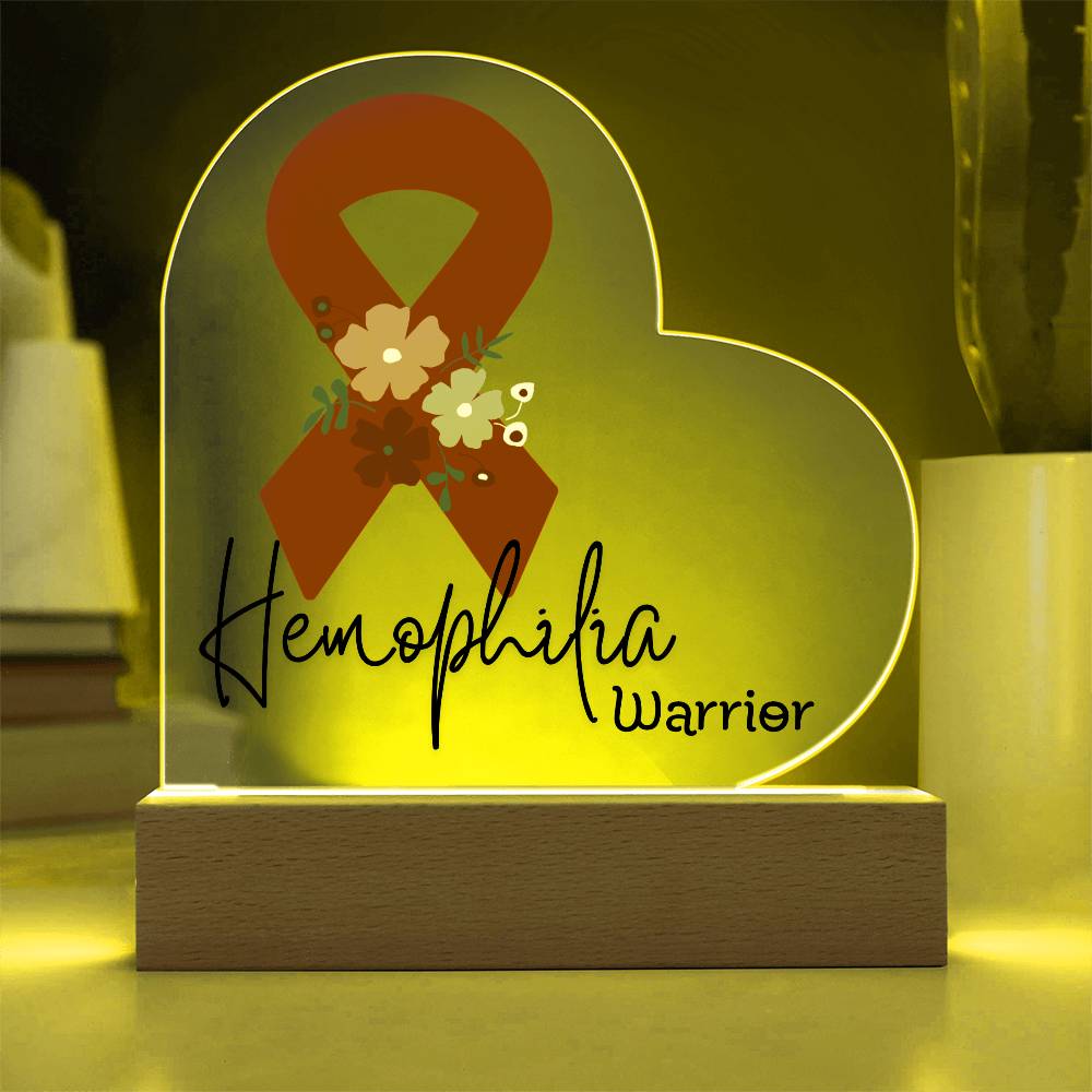 Hemophilia Warrior Acrylic Heart Plaque Sign | LED Base | Acrylic Night Light | Light Up Sign | Red Awareness Ribbon
