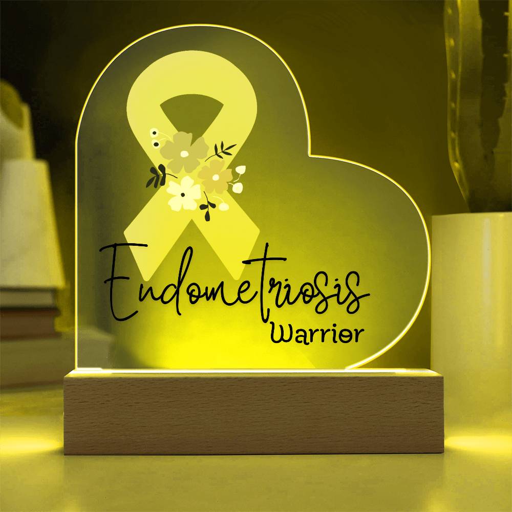 Endometriosis Warrior Acrylic Heart Plaque Sign | LED Base | Acrylic Night Light | Light Up Sign | Yellow Awareness Ribbon