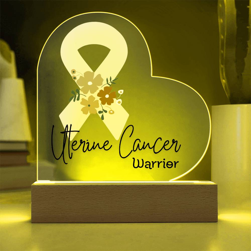 Uterine Cancer Warrior Acrylic Heart Plaque Sign | LED Base | Acrylic Night Light | Light Up Sign | Peach Awareness Ribbon