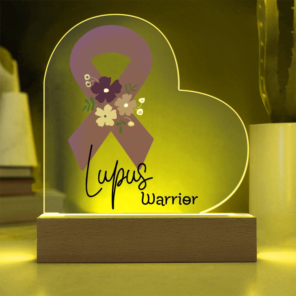 Lupus Warrior Acrylic Heart Plaque Sign | LED Base | Acrylic Night Light | Light Up Sign | Purple Awareness Ribbon
