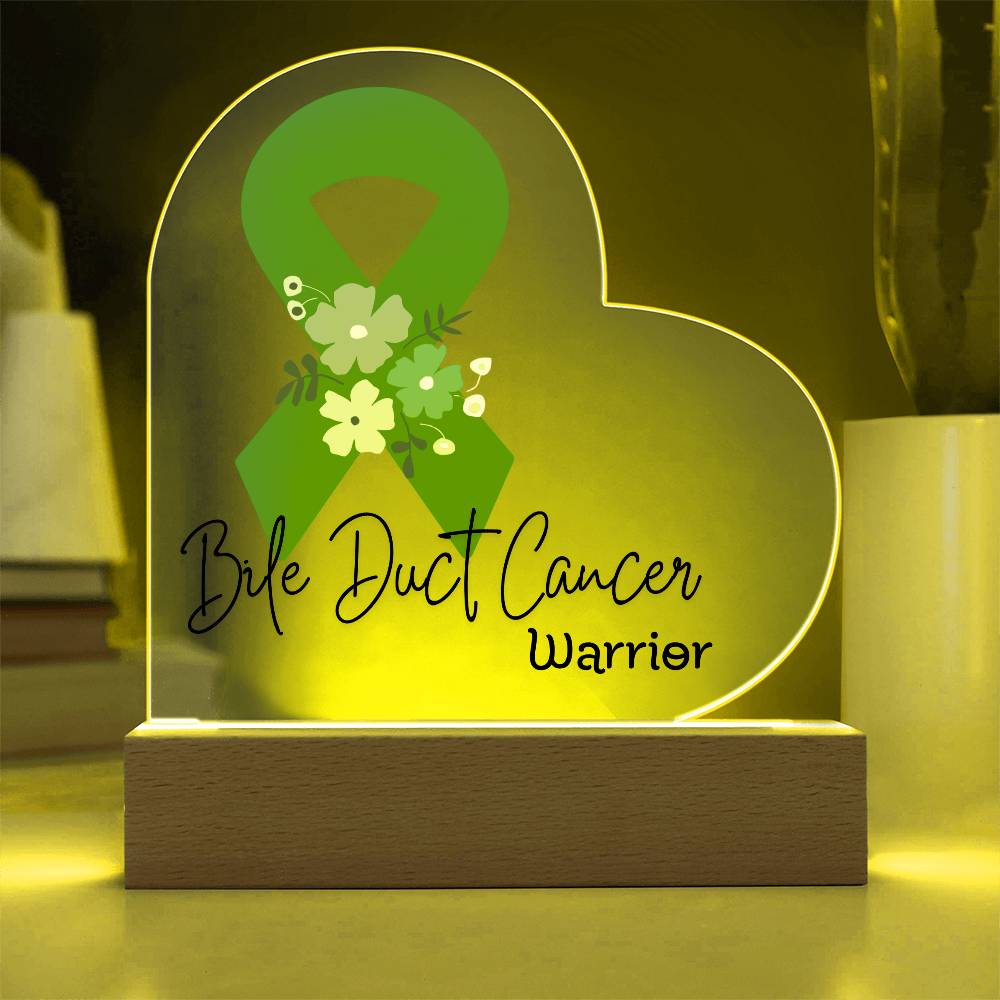 Bile Duct Cancer Warrior Acrylic Heart Plaque Sign | LED Base | Acrylic Night Light | Light Up Sign | Green Awareness Ribbon